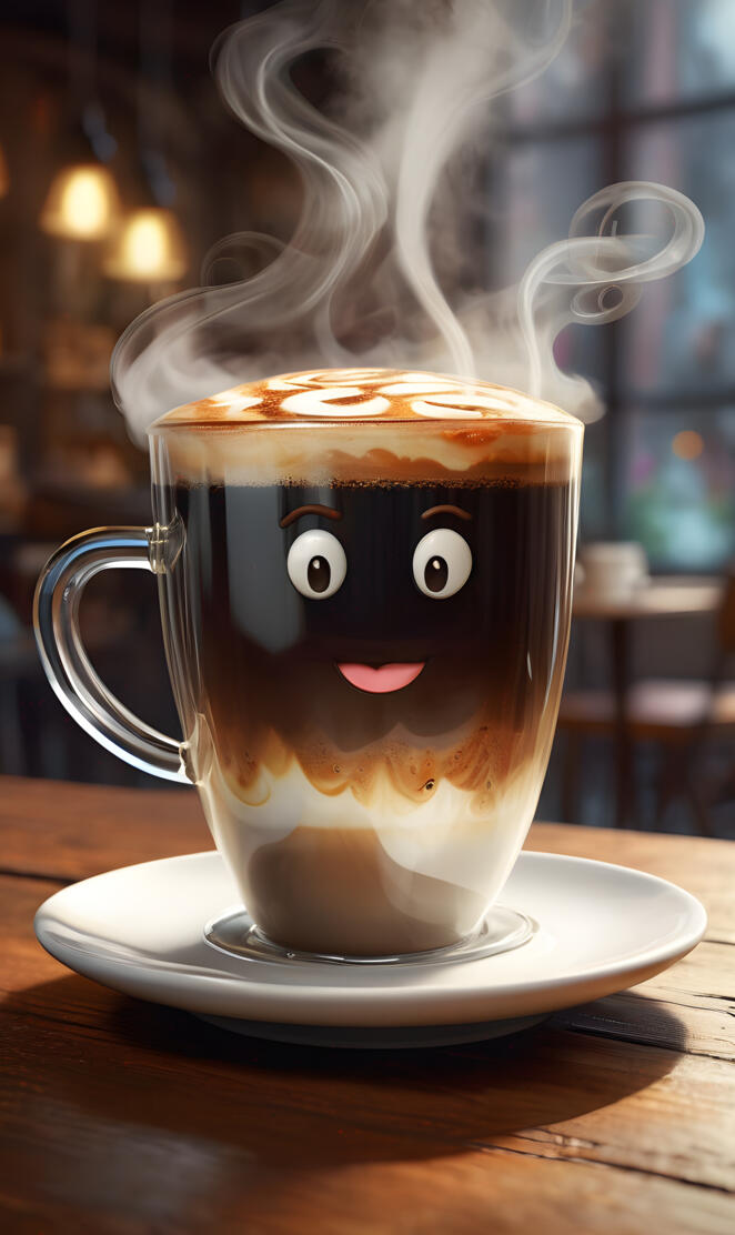 big glass of coffee with steam coming up, cute face on cup , beautiful
