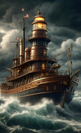 a large Steampunk ship in the water