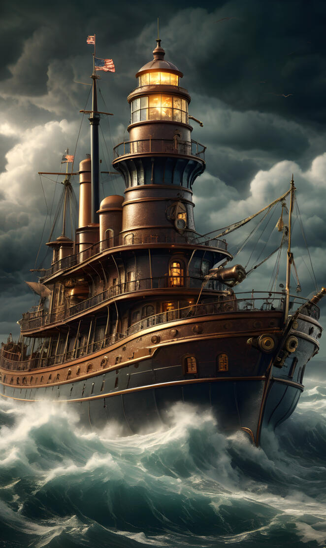 a large Steampunk ship in the water