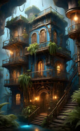 a large ornate building with stairs and plants on the outside