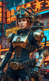 special cybernetic policewoman with an exoskeleton and a steam