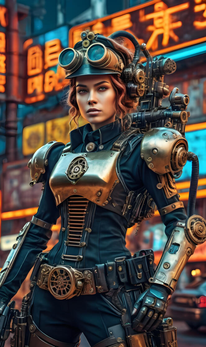 special cybernetic policewoman with an exoskeleton and a steam