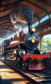 a train with a bird flying over it