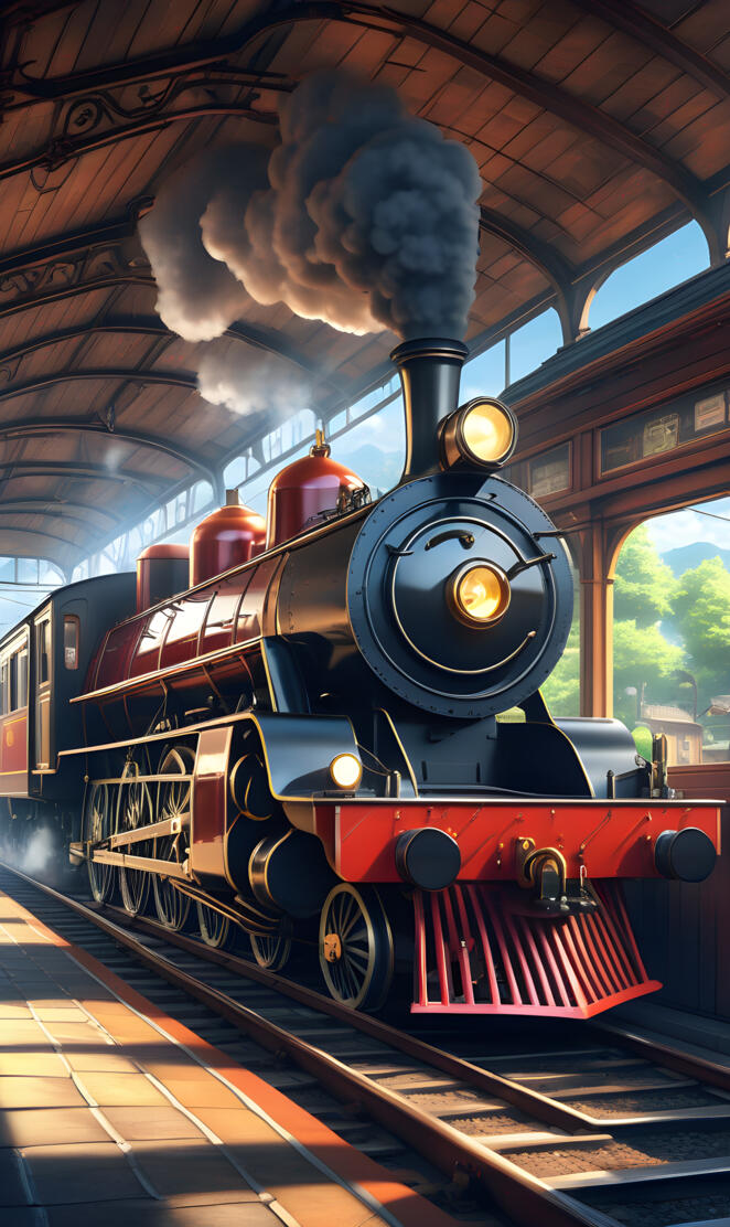 a train with a bird flying over it