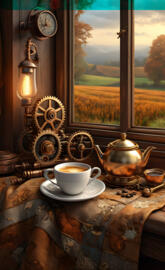 fall coffee window view steam punk