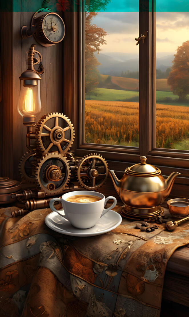 fall coffee window view steam punk