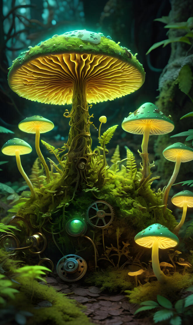 Steam Punk, trippy mushrooms, glowing, Green