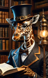 steam punk giraffe reading a book