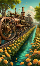 Steam Punk, chrysanthemum lane, river, train