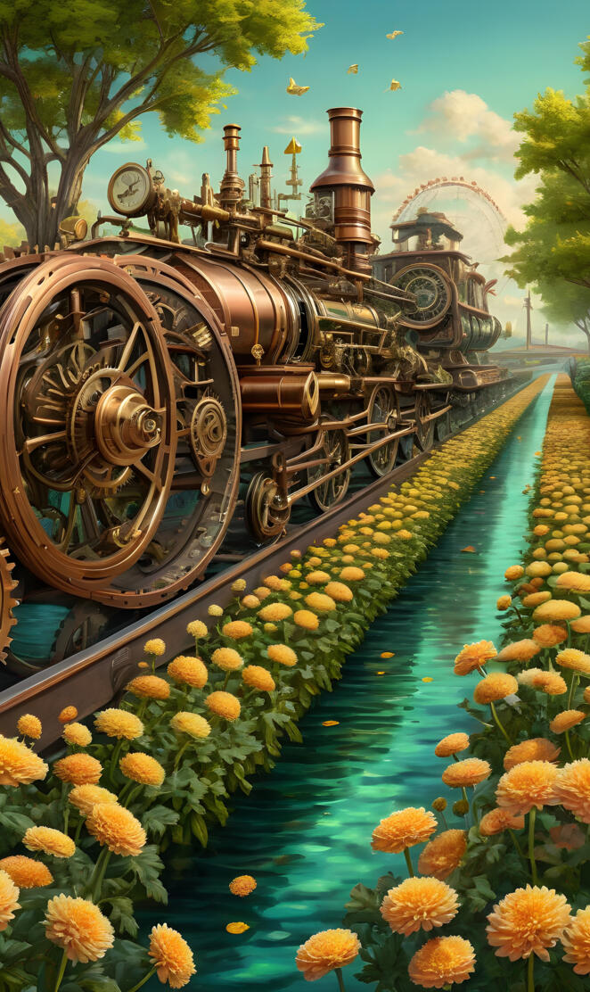 Steam Punk, chrysanthemum lane, river, train