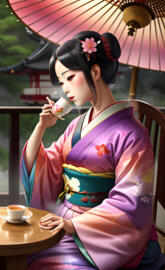 a woman in a kimono drinking tea