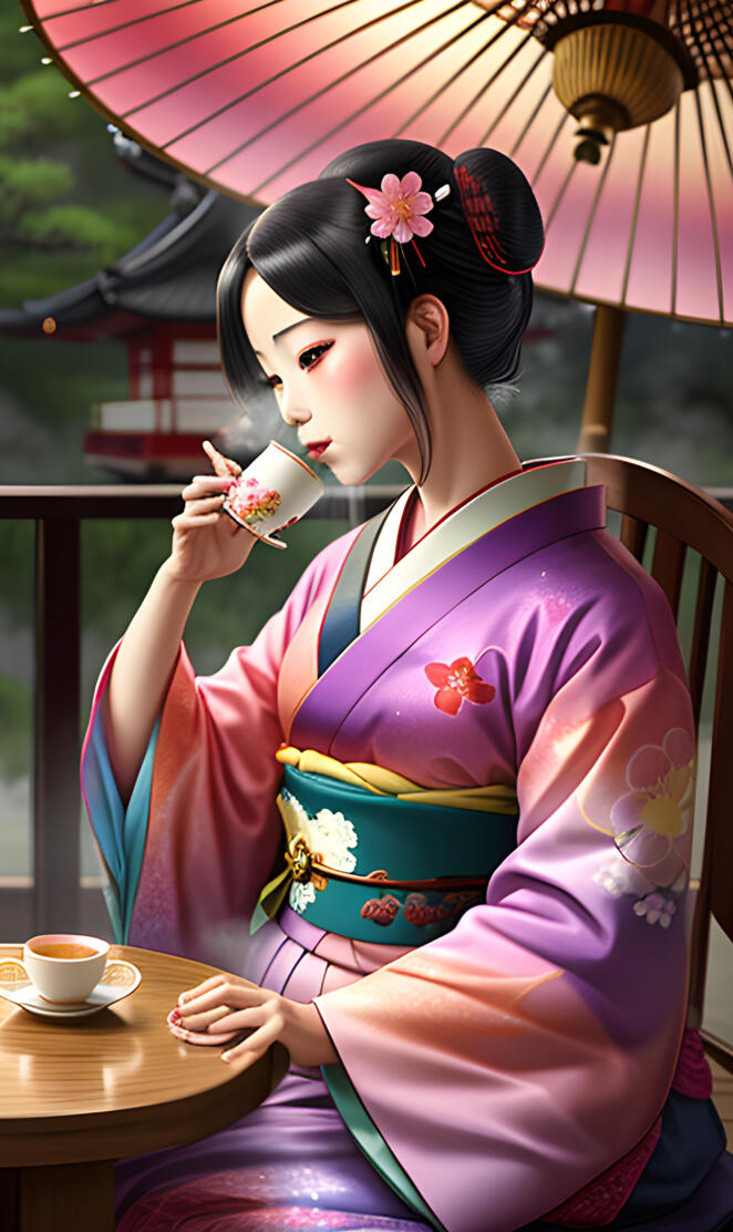 a woman in a kimono drinking tea