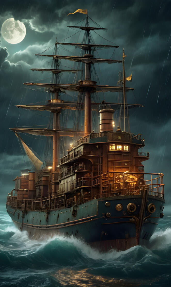 a ship in the water Steam punk