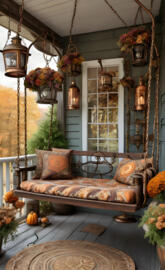 beautiful autumn steam punk swing on front porch