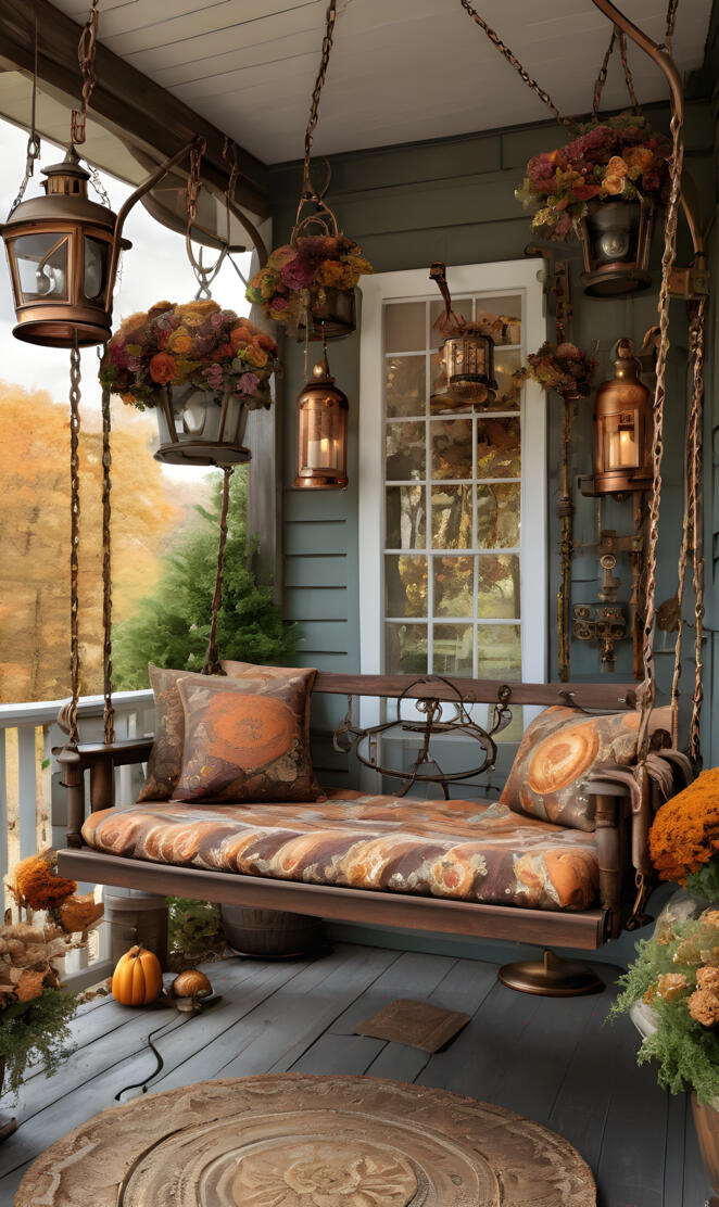 beautiful autumn steam punk swing on front porch
