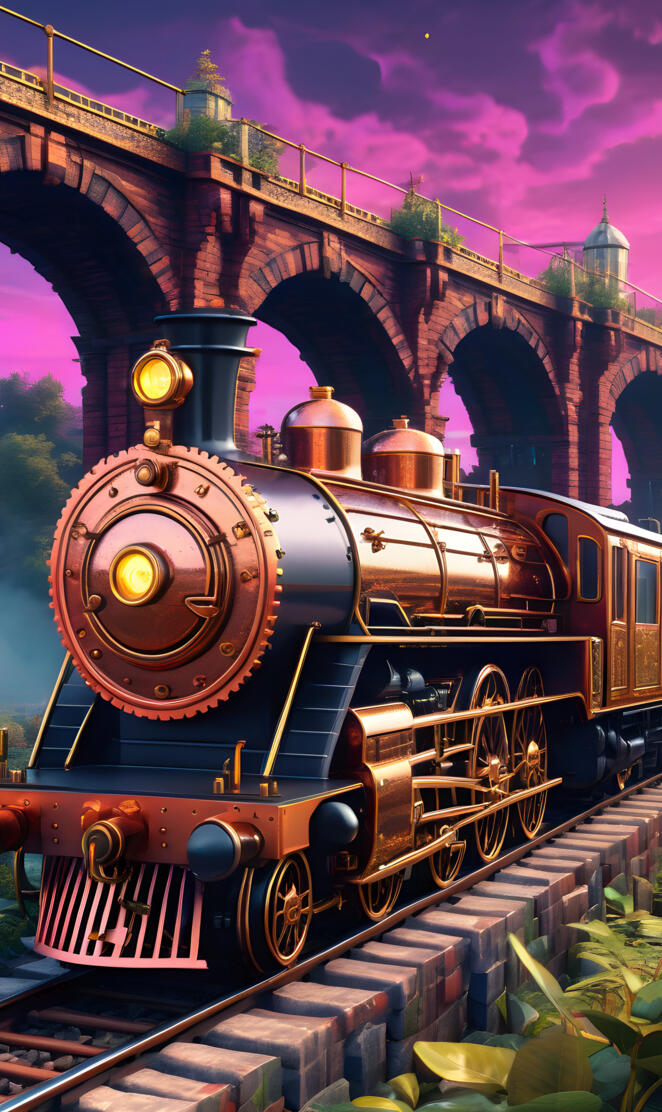 a train on the railway tracks steampunk