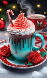 a cup of coffee with whipped cream and a red rose on a plate