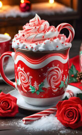 a red and white cup with a rose on top