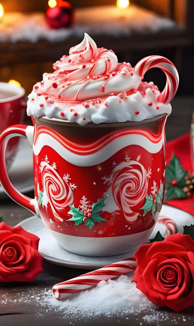 a red and white cup with a rose on top