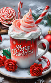 a cup of tea with a red and white frosting and a red and white polka