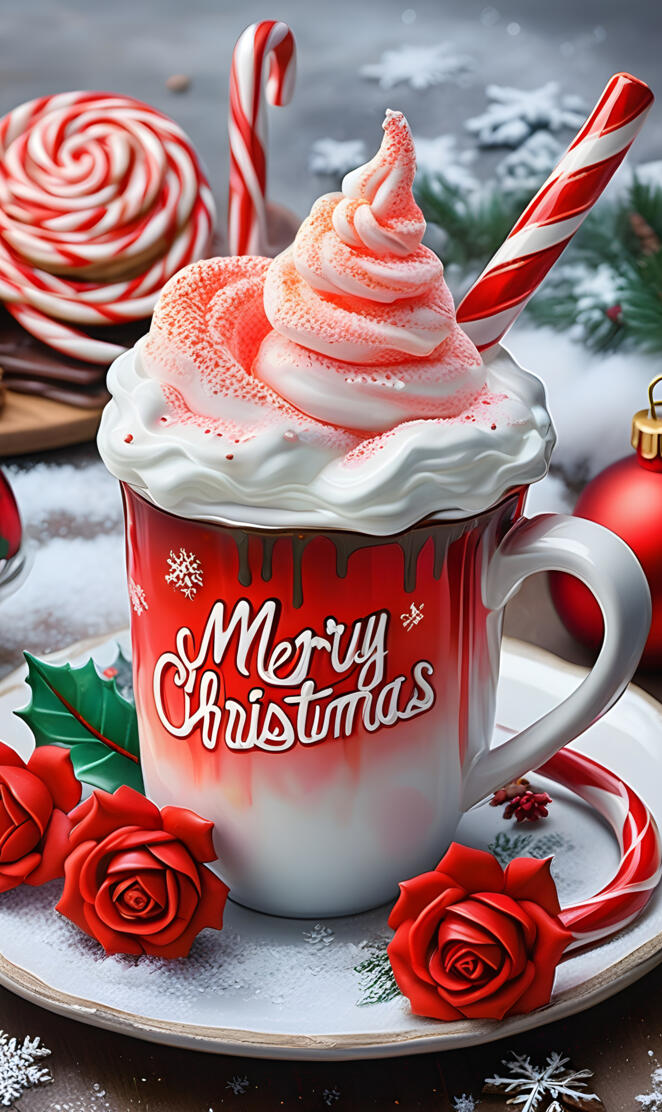 a cup of tea with a red and white frosting and a red and white polka