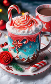 a cup with a red and white design on a plate