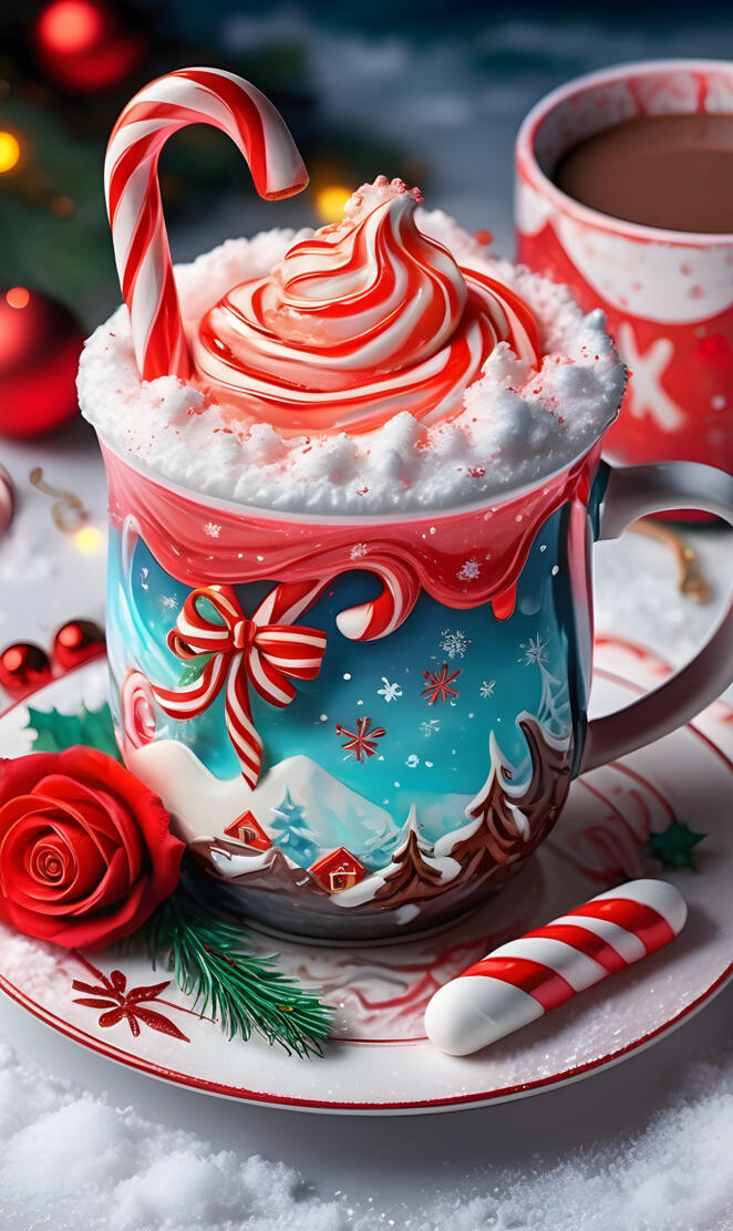 a cup with a red and white design on a plate