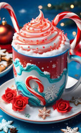 a tea cup with a red and white frosting and a red and white polka dot
