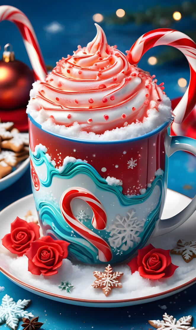 a tea cup with a red and white frosting and a red and white polka dot