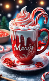 a red and white mug with a white and red design on it