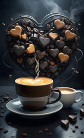 a cup of coffee and a tray of chocolates