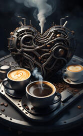 a coffee maker with a cup of coffee and a teacup