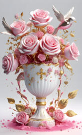 a vase with pink roses