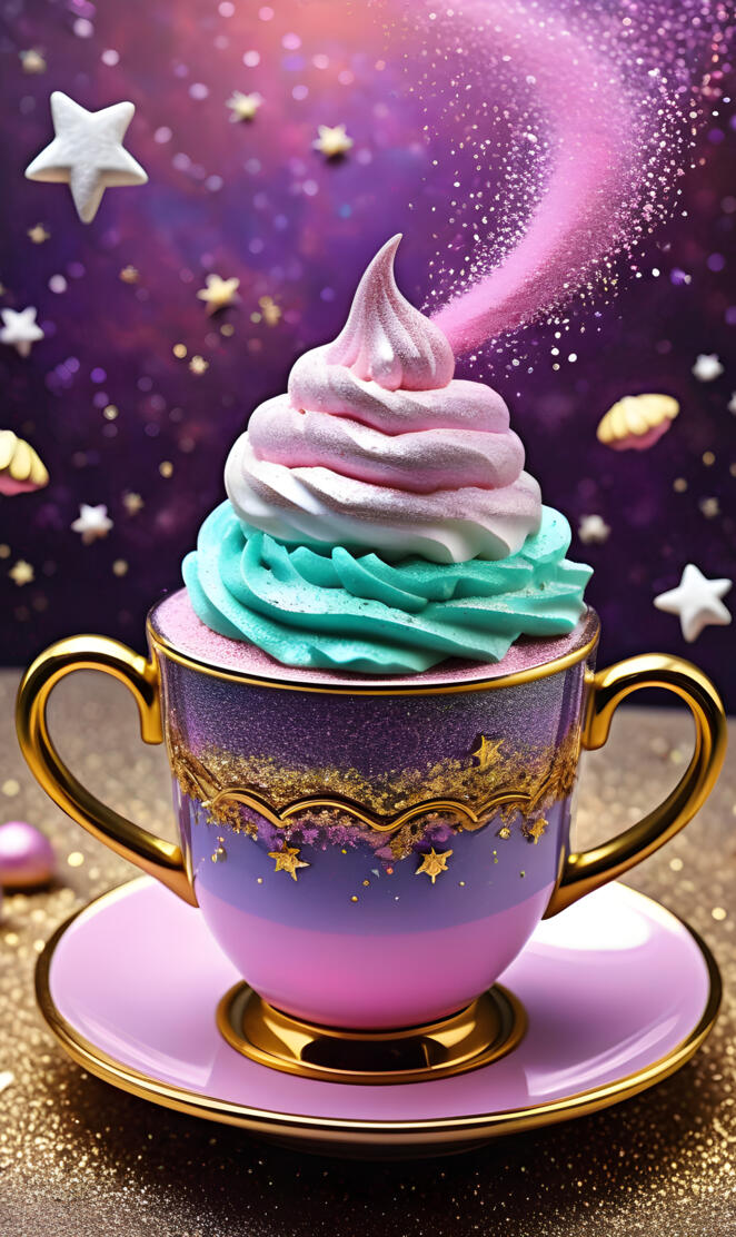 a tea cup with a blue and white frosting and a purple and white polka
