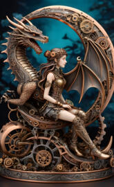 Steam punk fairy sitting on the moon with a dragon