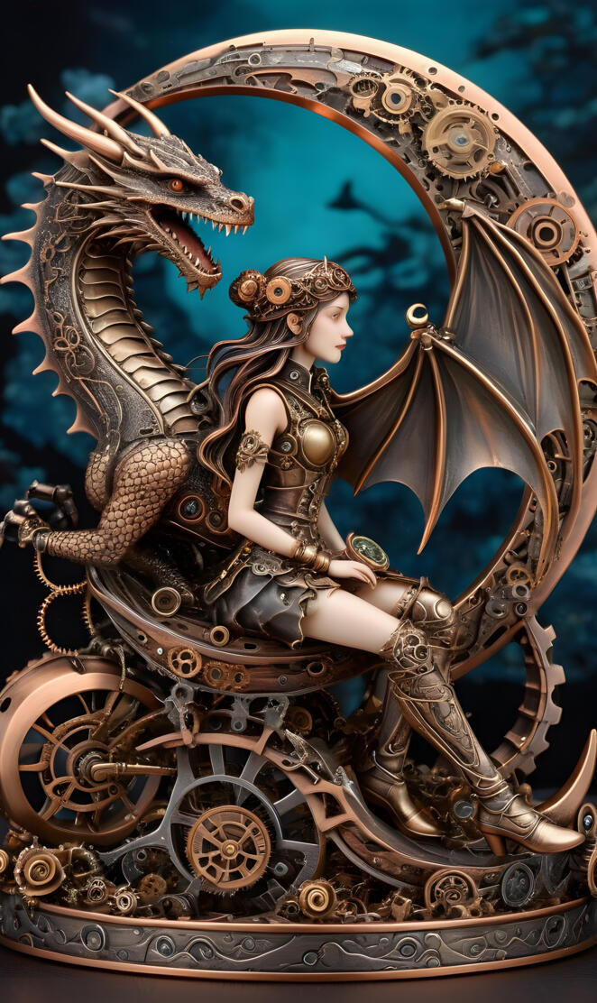 Steam punk fairy sitting on the moon with a dragon