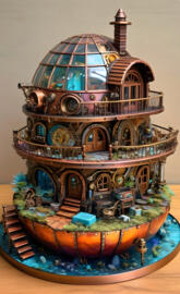 a model of a steam punk igloo house with 3 storys