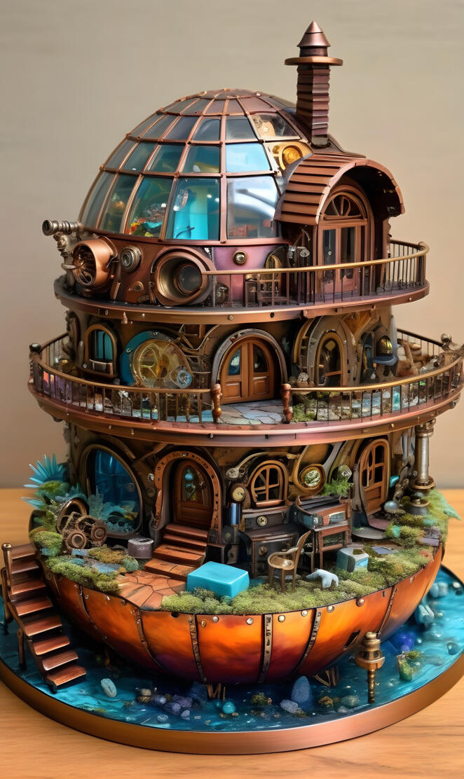 a model of a steam punk igloo house with 3 storys
