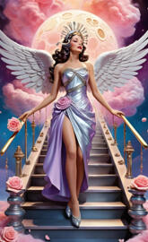 a person in a blue dress and crown on a staircase