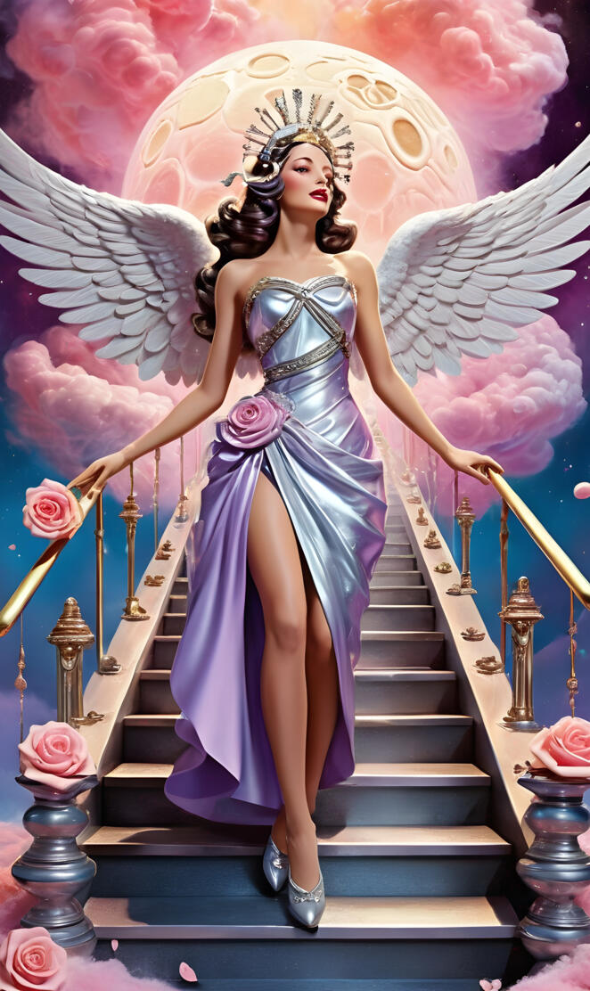 a person in a blue dress and crown on a staircase