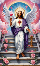 a religious statue with a cross and flowers