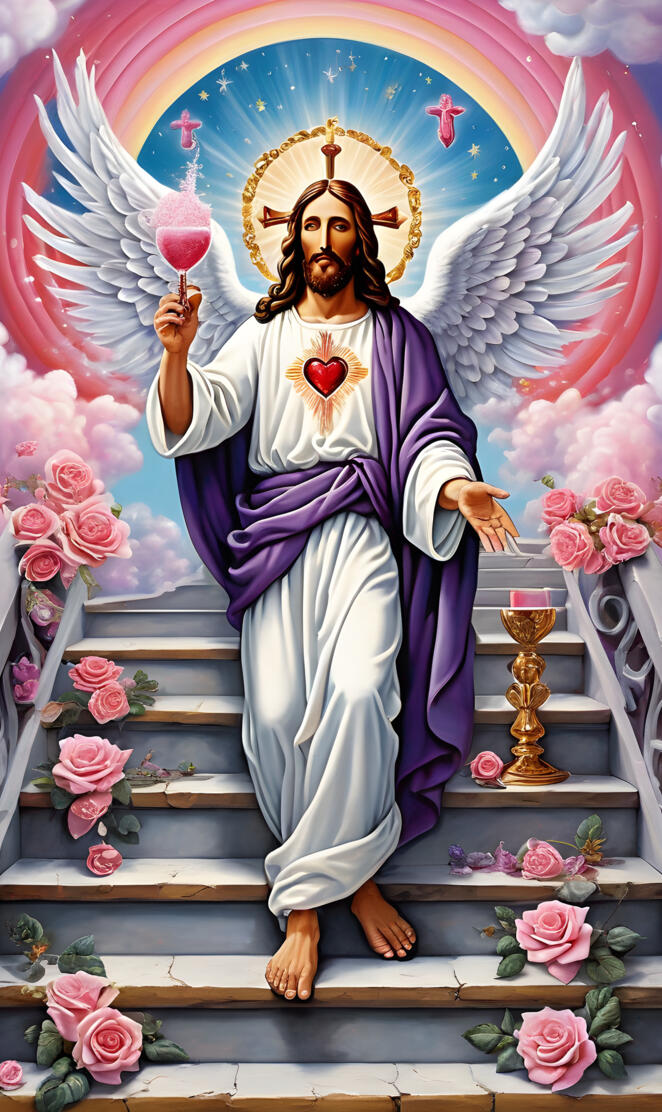 a religious statue with a cross and flowers