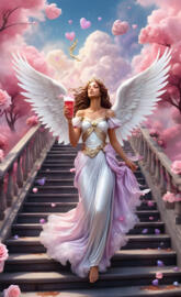 a person in a dress on a staircase with flowers and a tree in the