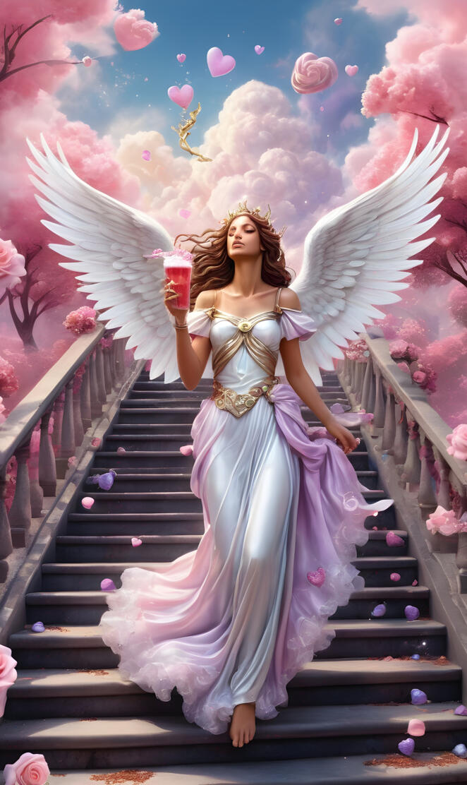 a person in a dress on a staircase with flowers and a tree in the