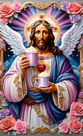 a religious statue with a cup of tea