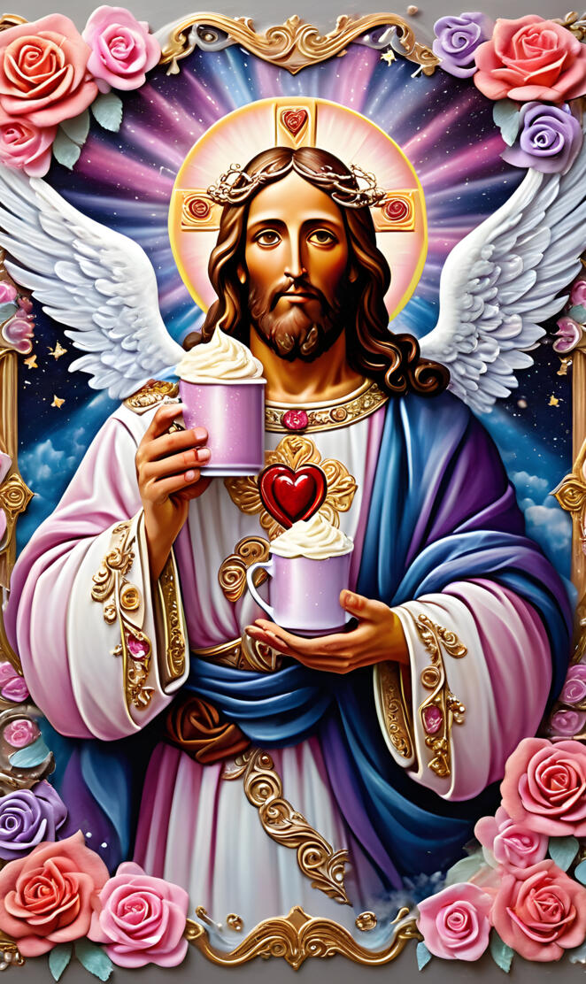 a religious statue with a cup of tea