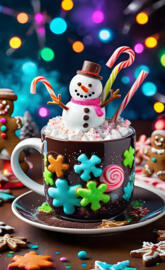 a decorated cupcake with a snowman and a glass of milk
