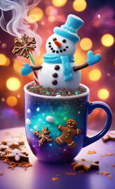 a blue and white ceramic mug with a snowman on it