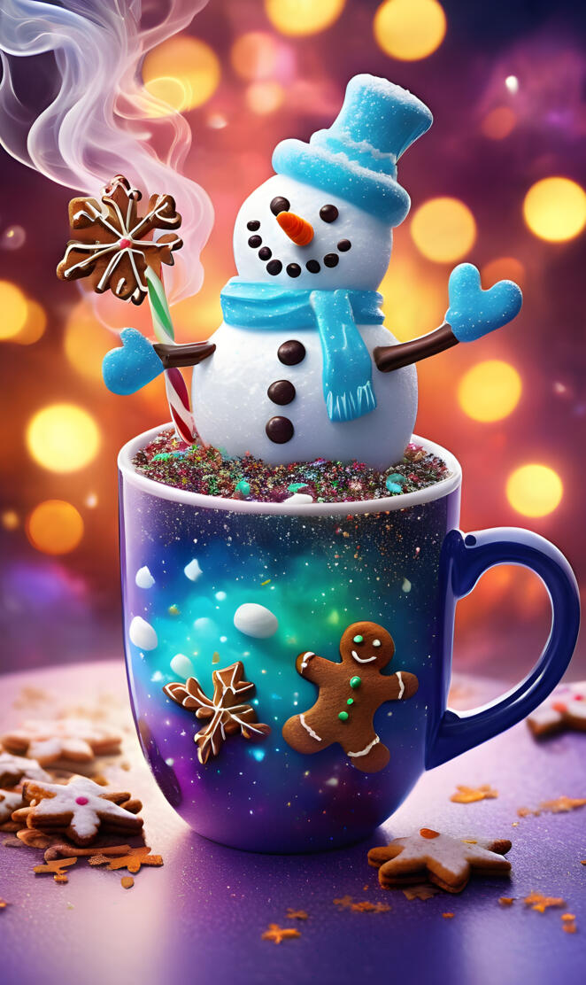 a blue and white ceramic mug with a snowman on it