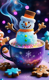 a blue and white ceramic teapot with a snowman and cookies